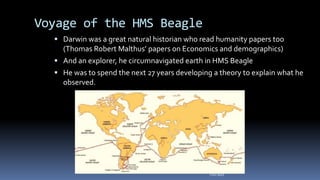 Voyage of the HMS Beagle
 Darwin was a great natural historian who read humanity papers too
(Thomas Robert Malthus’ papers on Economics and demographics)
 And an explorer, he circumnavigated earth in HMS Beagle
 He was to spend the next 27 years developing a theory to explain what he
observed.
Felix Bast
 