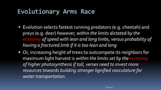 Evolutionary Arms Race
 Evolution selects fastest running predators (e.g. cheetah) and
preys (e.g. deer) however, within the limits dictated by the
economy of speed with lean and long limbs, versus probability of
having a fractured limb if it is too lean and long
 Or, increasing height of trees to outcompete its neighbors for
maximum light harvest is within the limits set by the economy
of higher photosynthesis if tall, verses need to invest more
resources towards building stronger lignified vasculature for
water transportation.
Felix Bast
 