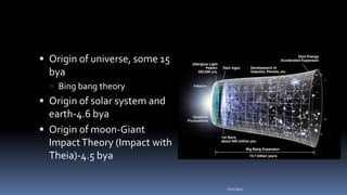  Origin of universe, some 15
bya
 Bing bang theory
 Origin of solar system and
earth-4.6 bya
 Origin of moon-Giant
ImpactTheory (Impact with
Theia)-4.5 bya
Felix Bast
 