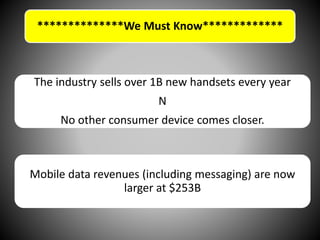 **************We Must Know*************
The industry sells over 1B new handsets every year
N
No other consumer device comes closer.
Mobile data revenues (including messaging) are now
larger at $253B
 