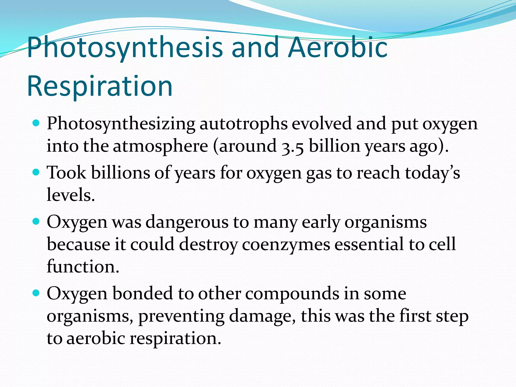 Photosynthesis and Aerobic
Respiration
 Photosynthesizing autotrophs evolved and put oxygen
  into the atmosphere (around 3.5 billion years ago).
 Took billions of years for oxygen gas to reach today’s
  levels.
 Oxygen was dangerous to many early organisms
  because it could destroy coenzymes essential to cell
  function.
 Oxygen bonded to other compounds in some
  organisms, preventing damage, this was the first step
  to aerobic respiration.
 
