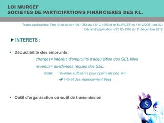 ►INTERETS :
 Outil d'organisation ou outil de transmission
 Déductibilité des emprunts:
- charges= intérêts d'emprunts d'acquisition des SEL filles
- revenus= dividendes reçues des SEL
- limite: revenus suffisants pour optimiser déd. int
-  intérêt des management fees
Textes applicables: Titre IV de la loi n°90-1258 du 31/12/1990 et loi MURCEF du 11/12/2001 (art.32)
Décret d’application n°2012-1392 du 11 décembre 2012
LOI MURCEF
SOCIETES DE PARTICIPATIONS FINANCIERES DES P.L.
 