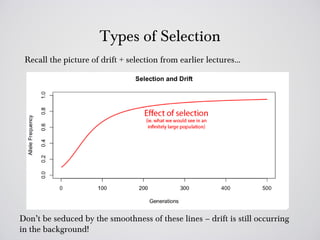 Types of Selection
 Recall the picture of drift + selection from earlier lectures…




Don’t be seduced by the smoothness of these lines – drift is still occurring
in the background!
 