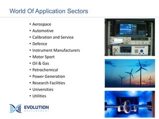 World Of Application Sectors
• Aerospace
• Automotive
• Calibration and Service
• Defence
• Instrument Manufacturers
• Motor Sport
• Oil & Gas
• Petrochemical
• Power Generation
• Research Facilities
• Universities
• Utilities
 