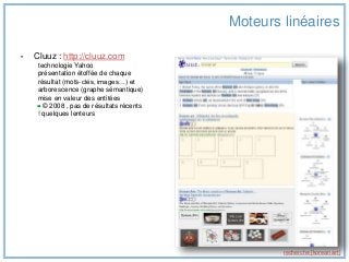 Moteurs linéaires
• Soovle : http://www.soovle.com/
métamoteur interrogeant plusieurs moteurs et bases de données (dont Go...