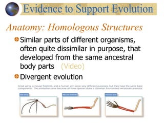 Anatomy: Homologous Structures Similar parts of different organisms, often quite dissimilar in purpose, that developed from the same ancestral body parts  (Video) Divergent evolution Evidence to Support Evolution 