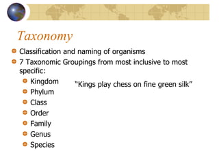 Taxonomy Classification and naming of organisms 7 Taxonomic Groupings from most inclusive to most specific: Kingdom Phylum Class Order Family  Genus Species “ Kings play chess on fine green silk” 