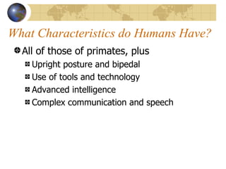 What Characteristics do Humans Have?
  All of those of primates, plus
    Upright posture and bipedal
    Use of tools and technology
    Advanced intelligence
    Complex communication and speech
 