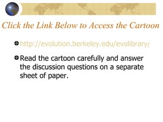 Click the Link Below to Access the Cartoon

    http://evolution.berkeley.edu/evolibrary/artic

    Read the cartoon carefully and answer
    the discussion questions on a separate
    sheet of paper.
 