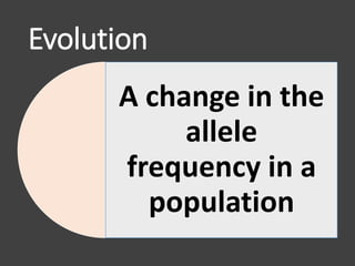 Evolution
A change in the
allele
frequency in a
population
 