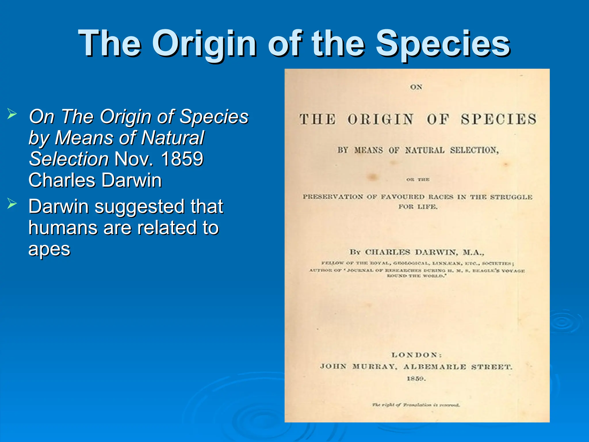 The Origin of the Species
The Origin of the Species
 On The Origin of Species
On The Origin of Species
by Means of Natural
by Means of Natural
Selection
Selection Nov. 1859
Nov. 1859
Charles Darwin
Charles Darwin
 Darwin suggested that
Darwin suggested that
humans are related to
humans are related to
apes
apes
 