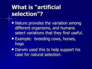 What is “artificial
selection”?
   Nature provides the variation among
    different organisms, and humans
    select variations that they find useful.
   Example: breeding cows, horses,
    hogs
   Darwin used this to help support his
    case for natural selection.
 