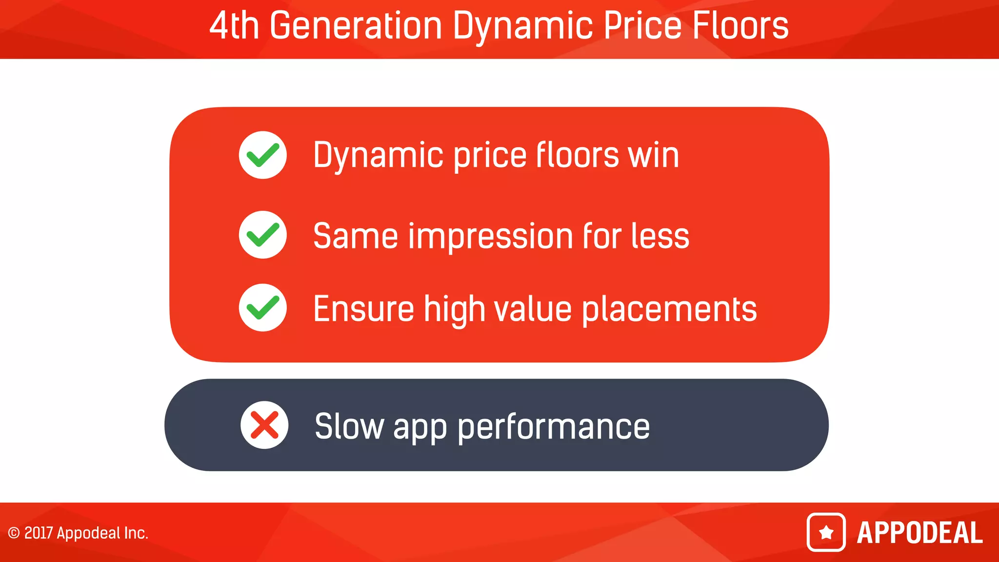 © 2017 Appodeal Inc.
4th Generation Dynamic Price Floors
Dynamic price floors win
Same impression for less
Ensure high value placements
Slow app performance
 