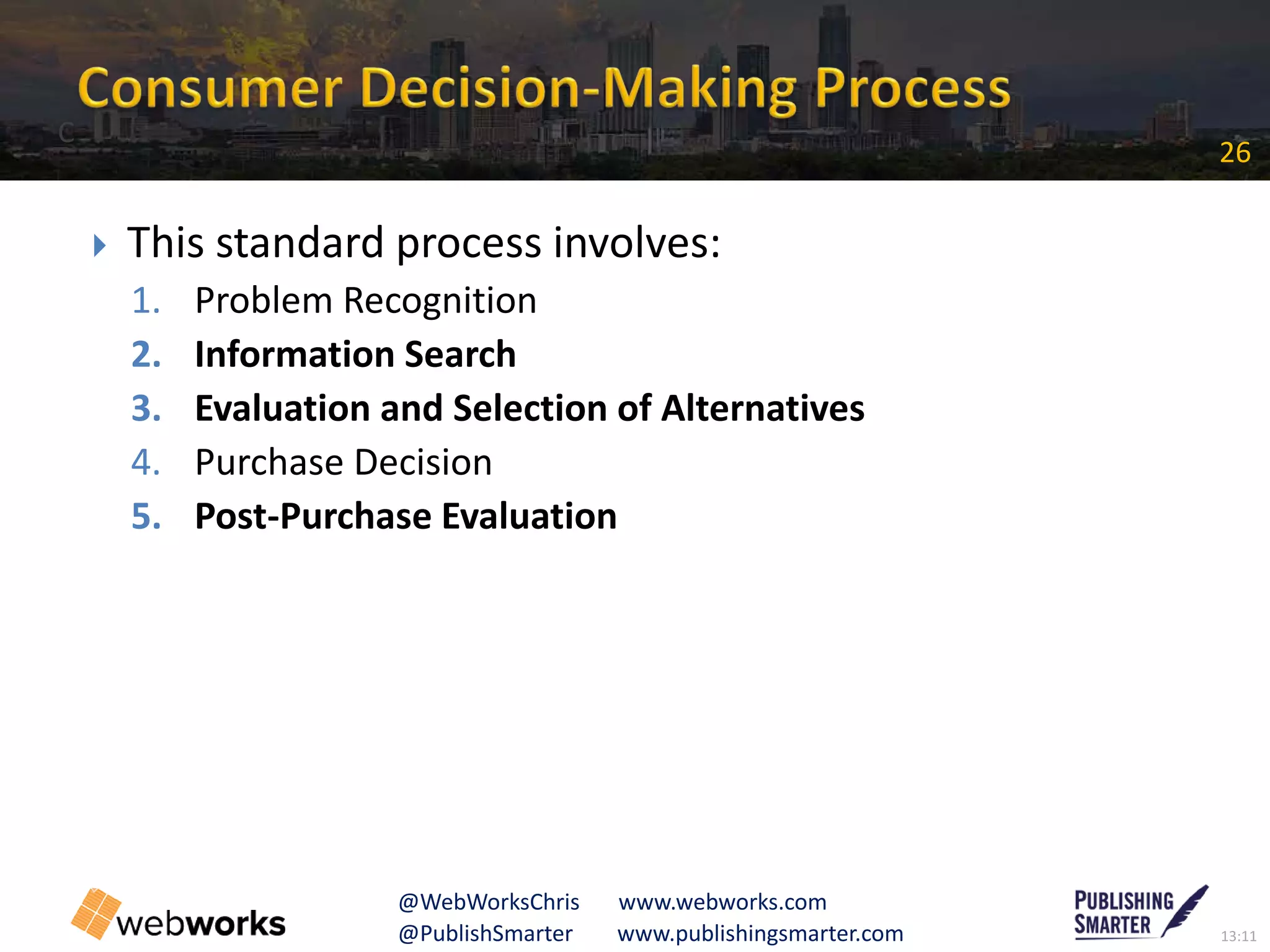 13:11@PublishSmarter www.publishingsmarter.com
26
@WebWorksChris www.webworks.com
 This standard process involves:
1. Problem Recognition
2. Information Search
3. Evaluation and Selection of Alternatives
4. Purchase Decision
5. Post-Purchase Evaluation
C
 
