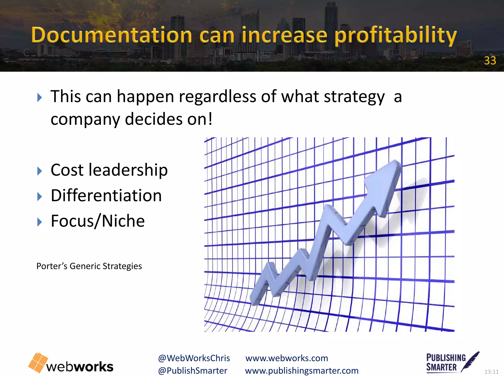 13:11@PublishSmarter www.publishingsmarter.com
33
@WebWorksChris www.webworks.com
 This can happen regardless of what strategy a
company decides on!
 Cost leadership
 Differentiation
 Focus/Niche
Porter’s Generic Strategies
C
 