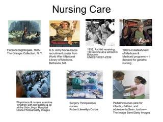 Nursing Care Florence Nightingale, 1855 The Granger Collection, N. Y. 1952, A child receiving TB vaccine at a school in Bulacam UNICEF/ICEF-2539 Surgery Perioperative nurses  Robert Llewellyn Corbis Physicians & nurses examine children with clef palate & lip at the Xion Jingxi Hospital China Photos/Getty Images 1960’s-Establishment of Medicare & Medicaid programs-> ↑ demand for geriatric nursing Pediatric nurses care for infants, children, and adolescents/Sean Justice—The Image Bank/Getty Images U.S. Army Nurse Corps recruitment poster from World War II/National Library of Medicine, Bethesda, Md. 