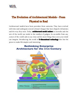 The Evolution of Architectural Models - From
Physical to Real
Architectural models have been prevalent from centuries. They have evolved
with time and undergone several colossal changes that have shaped civilizations
and the way they exist. Today, architectural model makers in Australia and the
rest of the world can reside in the smallest of gadgets, be accessible from any
corner of the world and at any time and do more things than even your mind
can imagine. Introducing; the world of 3-dimensional technology that has the
power to make life simpler and interesting.
 