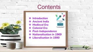Contents
❖ Introduction
❖ Ancient India
❖ Medieval Era
❖ Colonial Era
❖ Post-Independence
❖ Nationalisation in 1969
❖ Libe...