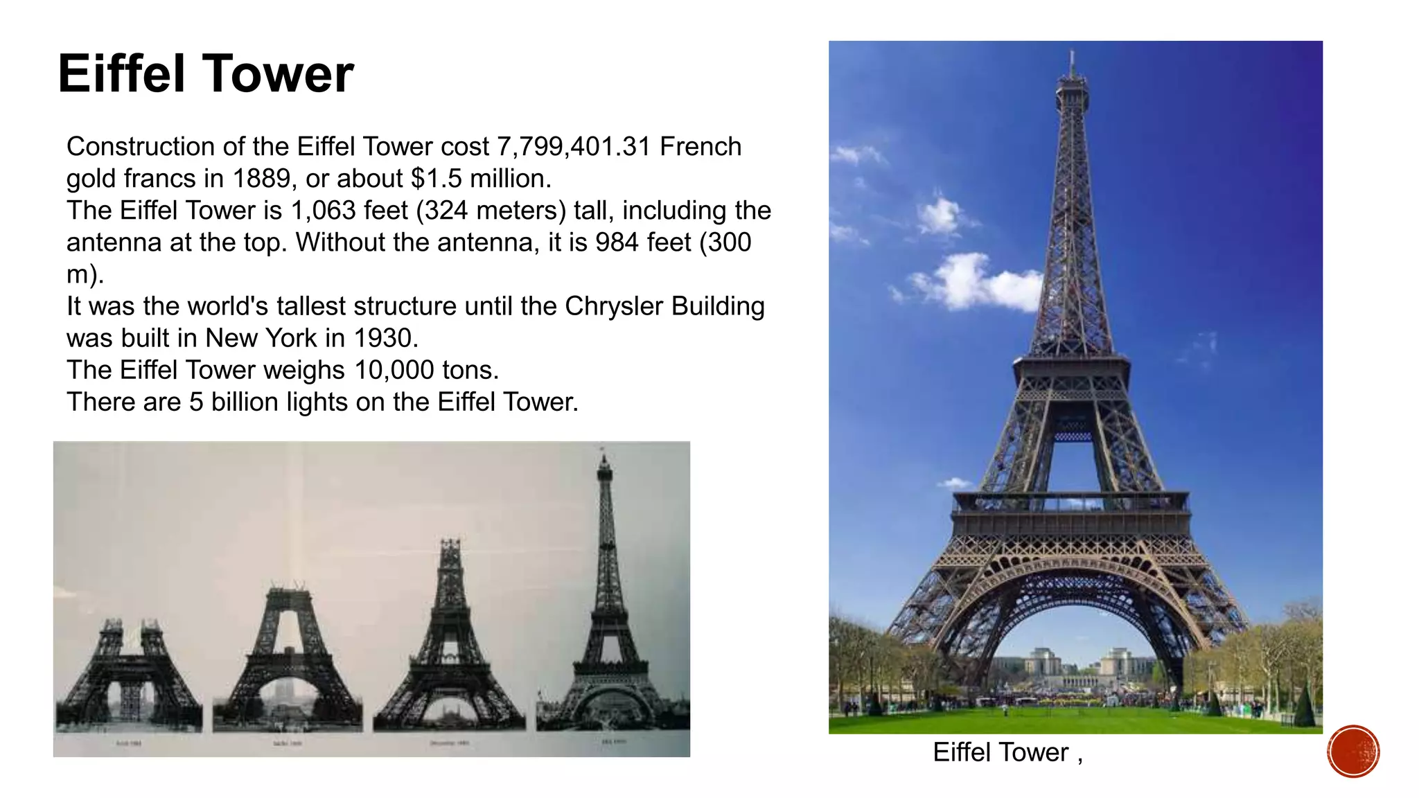 Eiffel Tower
Construction of the Eiffel Tower cost 7,799,401.31 French
gold francs in 1889, or about $1.5 million.
The Eiffel Tower is 1,063 feet (324 meters) tall, including the
antenna at the top. Without the antenna, it is 984 feet (300
m).
It was the world's tallest structure until the Chrysler Building
was built in New York in 1930.
The Eiffel Tower weighs 10,000 tons.
There are 5 billion lights on the Eiffel Tower.
Eiffel Tower ,
 