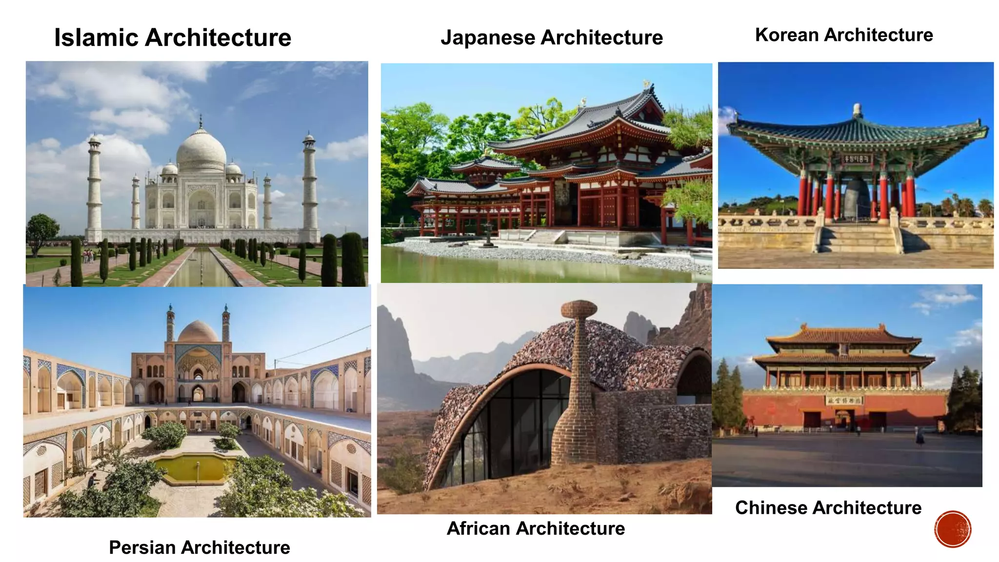 Islamic Architecture Japanese Architecture
Persian Architecture
African Architecture
Korean Architecture
Chinese Architecture
 