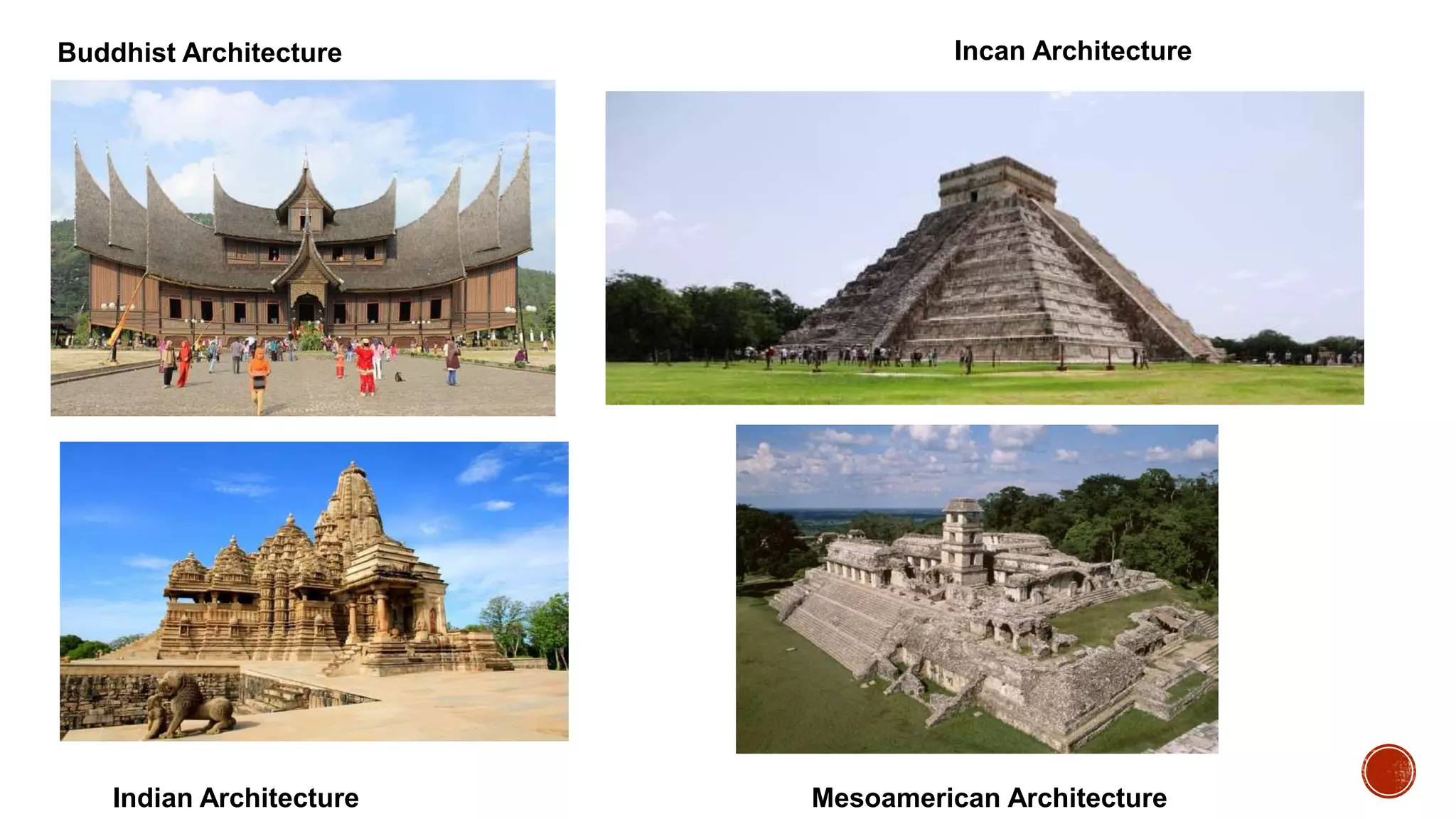 Buddhist Architecture Incan Architecture
Indian Architecture Mesoamerican Architecture
 