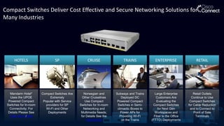Compact Switches Deliver Cost Effective and Secure Networking Solutions for
Many Industries
Mandarin Hotel*
Uses the UPOE
Powered Compact
Switches for In-room
Connectivity; For
Details Please See
Case Study/Blog
HOTELS
Retail Outlets
Continue to Use
Compact Switches
for Cable Reduction
and to Connect to
Point of Sale
Terminals
RETAIL
Compact Switches Are
Extremely
Popular with Service
providers for SP
Wi-Fi and Other
Deployments
SP
Norwegian and
Other Cruiselines
Use Compact
Switches for In-room
Networking and
Multimedia Needs;
for Details See the
Case Study
CRUISE
Subways and Trains
Deployed DC
Powered Compact
Switches in Semi-
climactic Boxes to
Power APs for
Providing Wi-Fi
on the Trains
TRAINS
Large Enterprise
Customers Are
Evaluating the
Compact Switches
for Next Gen
Workspaces and
Fiber to the Office
(FTTO) Deployments
ENTERPRISE
 