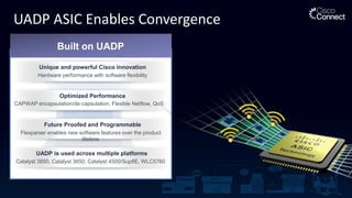 UADP ASIC Enables Convergence
Built on UADP
Unique and powerful Cisco innovation
Hardware performance with software flexibility
Optimized Performance
CAPWAP encapsulation/de-capsulation, Flexible Netflow, QoS
Future Proofed and Programmable
Flexparser enables new software features over the product
lifetime
UADP is used across multiple platforms
Catalyst 3850, Catalyst 3650, Catalyst 4500/Sup8E, WLC5760
 