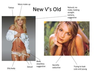 New V’s Old
Natural, no
make, looking
straight
camera,
suggestive
Secretly
seductiveSexual
Tattoo
Trying to look
cute and ...