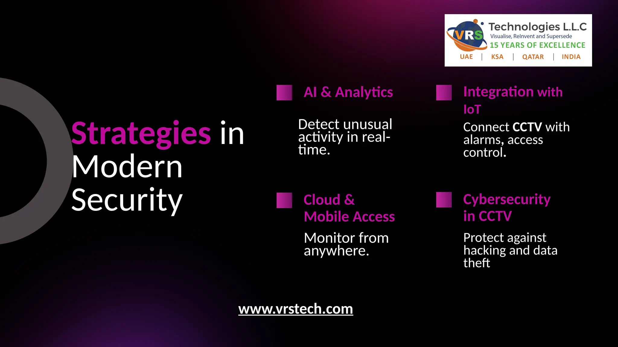 Strategies in
Modern
Security
AI & Analytics Integration with
IoT
Cloud &
Mobile Access
Cybersecurity
in CCTV
Detect unusual
activity in real-
time.
Connect CCTV with
alarms, access
control.
Monitor from
anywhere.
Protect against
hacking and data
theft.
www.vrstech.com
 