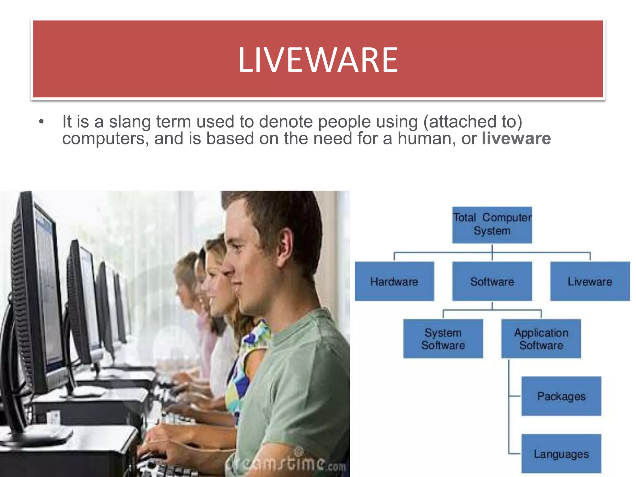 LIVEWARE
• It is a slang term used to denote people using (attached to)
computers, and is based on the need for a human, or liveware
 