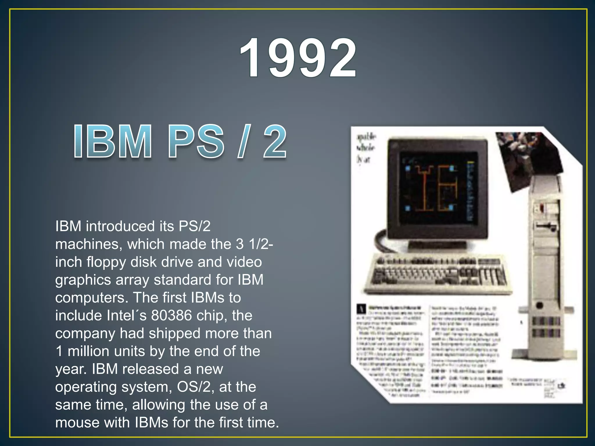 IBM introduced its PS/2
machines, which made the 3 1/2-
inch floppy disk drive and video
graphics array standard for IBM
computers. The first IBMs to
include Intel´s 80386 chip, the
company had shipped more than
1 million units by the end of the
year. IBM released a new
operating system, OS/2, at the
same time, allowing the use of a
mouse with IBMs for the first time.
 