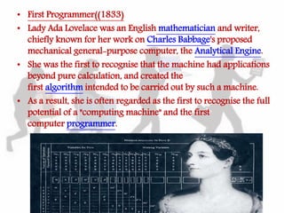 • First Programmer((1833)
• Lady Ada Lovelace was an English mathematician and writer,
chiefly known for her work on Charles Babbage's proposed
mechanical general-purpose computer, the Analytical Engine.
• She was the first to recognise that the machine had applications
beyond pure calculation, and created the
first algorithm intended to be carried out by such a machine.
• As a result, she is often regarded as the first to recognise the full
potential of a "computing machine" and the first
computer programmer.
 