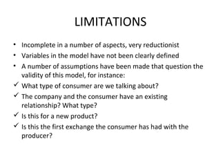 LIMITATIONS
• Incomplete in a number of aspects, very reductionist
• Variables in the model have not been clearly defined
• A number of assumptions have been made that question the
validity of this model, for instance:
 What type of consumer are we talking about?
 The company and the consumer have an existing
relationship? What type?
 Is this for a new product?
 Is this the first exchange the consumer has had with the
producer?
 