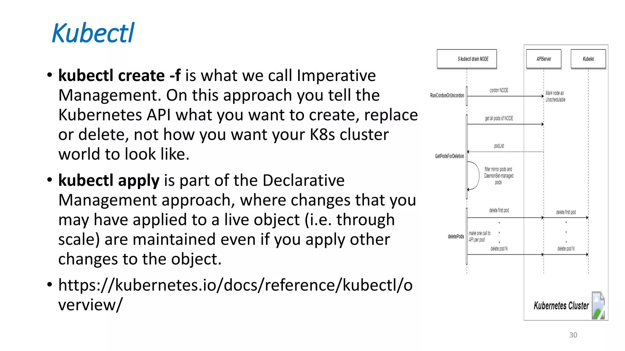 Kubectl
• kubectl create -f is what we call Imperative
Management. On this approach you tell the
Kubernetes API what you want to create, replace
or delete, not how you want your K8s cluster
world to look like.
• kubectl apply is part of the Declarative
Management approach, where changes that you
may have applied to a live object (i.e. through
scale) are maintained even if you apply other
changes to the object.
• https://kubernetes.io/docs/reference/kubectl/o
verview/
30
 