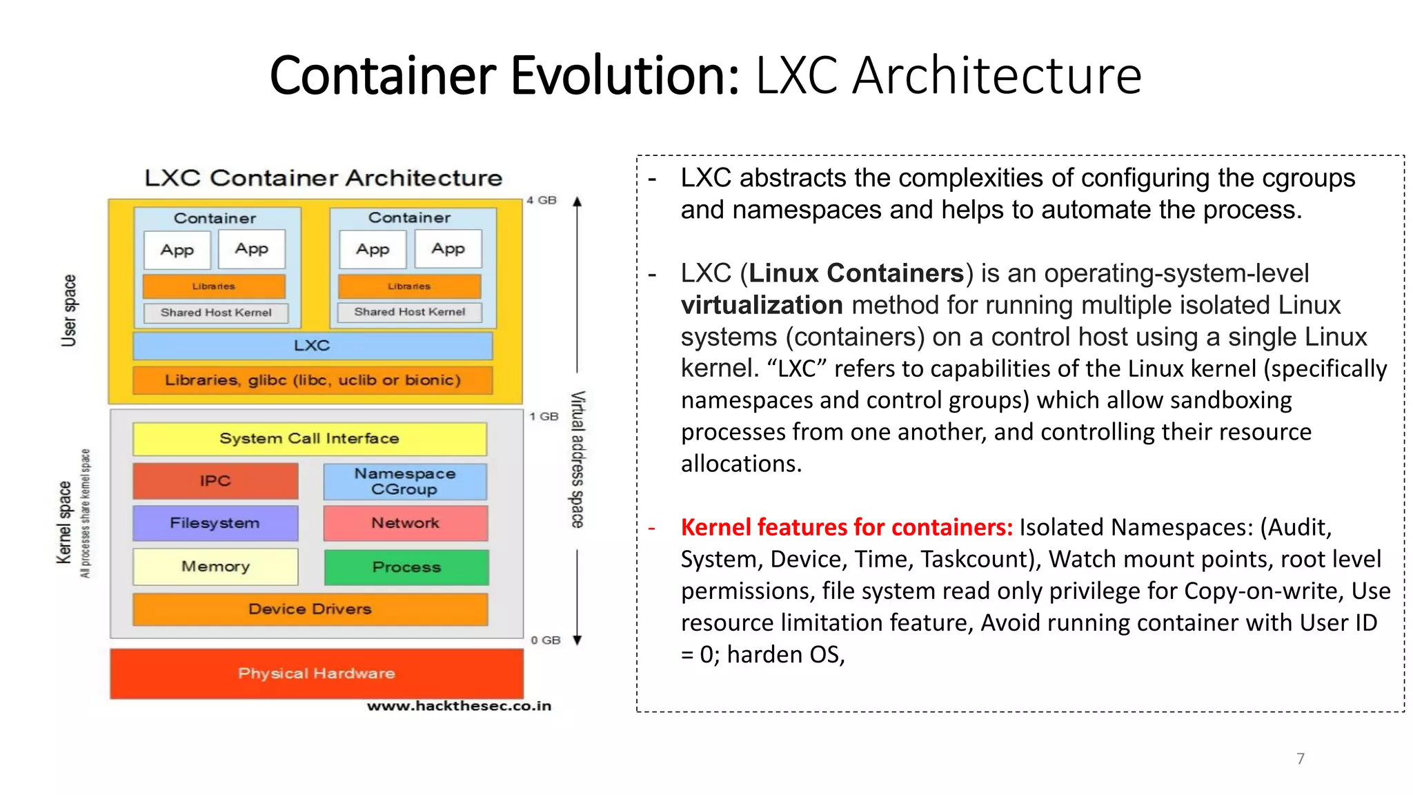Container Evolution: LXC Architecture
7
- LXC abstracts the complexities of configuring the cgroups
and namespaces and helps to automate the process.
- LXC (Linux Containers) is an operating-system-level
virtualization method for running multiple isolated Linux
systems (containers) on a control host using a single Linux
kernel. “LXC” refers to capabilities of the Linux kernel (specifically
namespaces and control groups) which allow sandboxing
processes from one another, and controlling their resource
allocations.
- Kernel features for containers: Isolated Namespaces: (Audit,
System, Device, Time, Taskcount), Watch mount points, root level
permissions, file system read only privilege for Copy-on-write, Use
resource limitation feature, Avoid running container with User ID
= 0; harden OS,
 