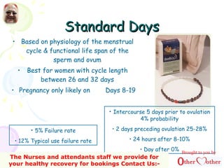 Standard DaysStandard Days
• Based on physiology of the menstrual
cycle & functional life span of the
sperm and ovum
• Best for women with cycle length
between 26 and 32 days
• Pregnancy only likely on Days 8-19
• Intercourse 5 days prior to ovulation
4% probability
• 2 days preceding ovulation 25-28%
• 24 hours after 8-10%
• Day after 0%
• 5% Failure rate
• 12% Typical use failure rate
Brought to you by
The Nurses and attendants staff we provide for
your healthy recovery for bookings Contact Us:-
 