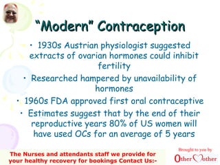 ““Modern” ContraceptionModern” Contraception
• 1930s Austrian physiologist suggested
extracts of ovarian hormones could inhibit
fertility
• Researched hampered by unavailability of
hormones
• 1960s FDA approved first oral contraceptive
• Estimates suggest that by the end of their
reproductive years 80% of US women will
have used OCs for an average of 5 years
Brought to you by
The Nurses and attendants staff we provide for
your healthy recovery for bookings Contact Us:-
 