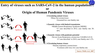 Source: Wolfe et al., 2007
Entry of viruses such as SARS-CoV-2 in the human population??
or
Origin of Human Pandemic Viruses
Spillover
Spillover Sustained human
transmission
Circulating animal viruses
•Many bat coronaviruses
•Assumed low case fatality rate
Zoonotic viruses with limited transmission
•Middle Eastern Respiratory Syndrome [MERS]
•1st case described in 2012; case fatality rate 30-
40%
Zoonotic viruses with pandemic potential
•Severe Acute Respiratory coronavirus 2 [SARS-CoV-2]
•1st case described in 2019; case fatality rate 1-3%
Circulating human viruses
•Human respiratory coronaviruses
•Common cold virus; low case fatality rate
 