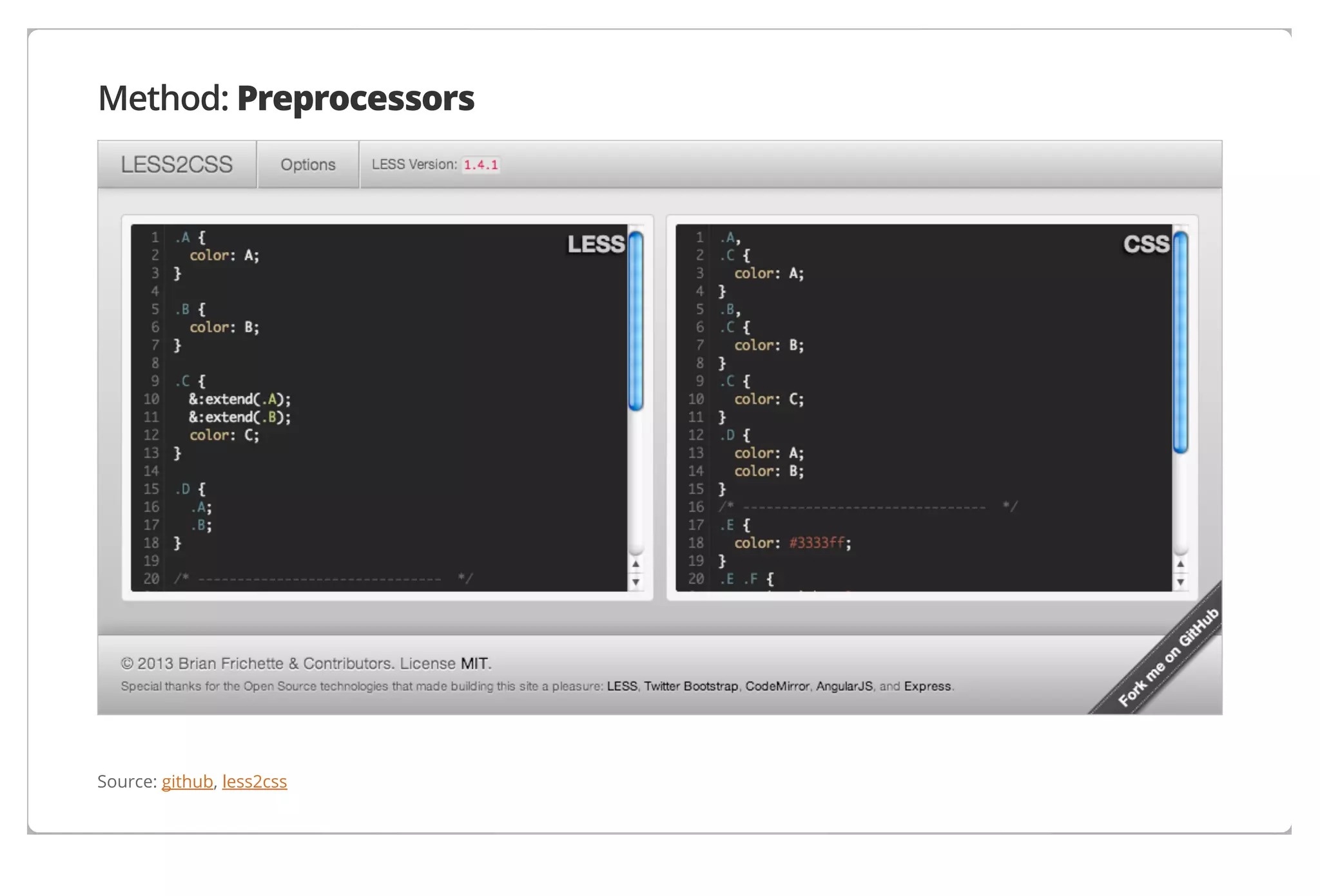 Method: Preprocessors

Source: github, less2css

 