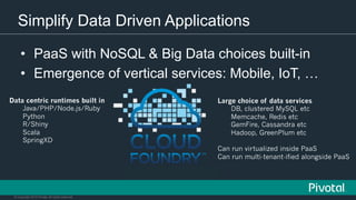 © Copyright 2015 Pivotal. All rights reserved.
Simplify Data Driven Applications
•  PaaS with NoSQL & Big Data choices built-in
•  Emergence of vertical services: Mobile, IoT, …
Data centric runtimes built in
Java/PHP/Node.js/Ruby
Python
R/Shiny
Scala
SpringXD
Large choice of data services
DB, clustered MySQL etc
Memcache, Redis etc
GemFire, Cassandra etc
Hadoop, GreenPlum etc
Can run virtualized inside PaaS
Can run multi-tenant-ified alongside PaaS
 