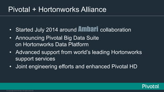 © Copyright 2015 Pivotal. All rights reserved.
Pivotal + Hortonworks Alliance
•  Started July 2014 around Ambari collaboration
•  Announcing Pivotal Big Data Suite
on Hortonworks Data Platform
•  Advanced support from world’s leading Hortonworks
support services
•  Joint engineering efforts and enhanced Pivotal HD
 