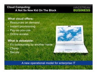Cloud Computing:
      A Not So New Kid On The Block


What cloud offers:
• Resources on demand
• Instant provisioning
• Pay-as-you-use
• Online access

What is debatable:
• It’s outsourcing by another name
• Cheap
• Secure



          A new operational model for enterprise IT
 
