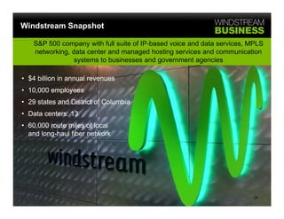 Windstream Snapshot

    S&P 500 company with full suite of IP-based voice and data services, MPLS
    networking, data center and managed hosting services and communication
                 systems to businesses and government agencies

• $4 billion in annual revenues
• 10,000 employees
• 29 states and District of Columbia
• Data centers: 13
• 60 000 route miles of l
  60,000    t    il    f local
                             l
  and long-haul fiber network




                                                                          24
 