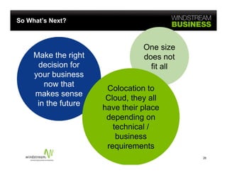 So What’s Next?



                                 One size
     Make the right              does not
                                 d         t
      decision for                 fit all
     your business
        now that
                       Colocation to
     makes sense
                       Cloud,
                       Cloud they all
      in the future
                      have their place
                       depending on
                          p      g
                         technical /
                          business
                       requirements
                                               26
 