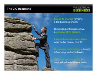 The CIO Headache


                   Speed to market remains
                   a top business priority.

                   Distributed enterprises drive
                   a collaborative culture.

                   Line-of-business executives
                   want better control over IT
                                            IT.

                   Consumer technology is heavily
                   influencing orker behavior.
                   infl encing worker beha ior

                   IT needs greater agility to
                   respond to the business faster.
 