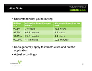 Uptime SLAs



   • Understand what you’re buying:
    Uptime    Allowable Downtime per   Allowable Downtime per
    SLA       month                    year
    99.5%     3.6 hours                43.8 hours
    99.9%     43.7 minutes             8.8 hours
    99.95%    21.8 minutes             4.4 hours
    99.99%
    99 99%    4.4
              4 4 minutes              52.6
                                       52 6 minutes


   • SLAs generally apply to infrastructure and not the
     application
   • Adjust accordingly


                                                                31
 