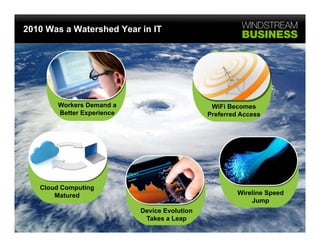 2010 Was a Watershed Year in IT




        Workers Demand a                        WiFi Becomes
        Better Experience                      Preferred Access




   Cloud Computing
       Matured                                          Wireline Speed
                                                            Jump
                            Device Evolution
                             Takes a Leap
 