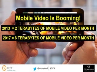 Mobile Video Is Booming!
2013 = 2 TERABYTES OF MOBILE VIDEO PER MONTH
2017 = 8 TERABYTES OF MOBILE VIDEO PER MONTH

Source: Cisco / BI Intelligence, Oct 2013

@mpranikoff

#CNW

 