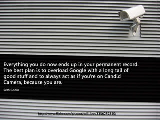 Cleaning Up Your Footprint
• Google yourself
• Regularly check yourself on Google – be aware of what’s there
• Check on a computer other than yours
• Investigate Google Alerts – lets you know hen your name appears
• Check Privacy Settings
• Investigate privacy settings on Facebook, Twitter, other social media
• Remove undesirable content
• Untag yourself from photos
• Delete questionable comments and posts
• Utilize the “Grandma rule”
 
