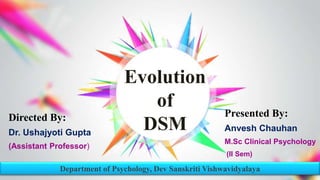 Evolution
of
DSM
Department of Psychology, Dev Sanskriti Vishwavidyalaya
Directed By:
Dr. Ushajyoti Gupta
(Assistant Professor)
Presented By:
Anvesh Chauhan
M.Sc Clinical Psychology
(II Sem)
 